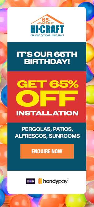 HI-CRFAT 65th Anniversary - Get 65% Off Installation - for Pergolas, Patios, Alfrescos, Sunrooms